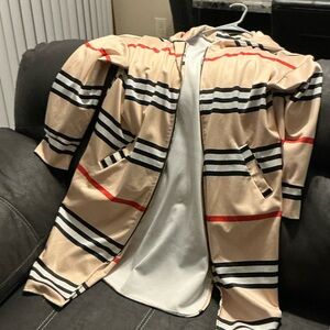 Beige Striped Open-Front Cardigan with Hood